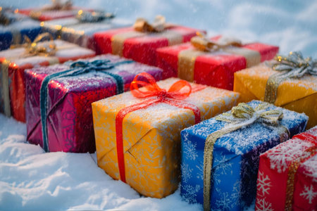 A row of colorful Christmas gifts covered in fresh snow.