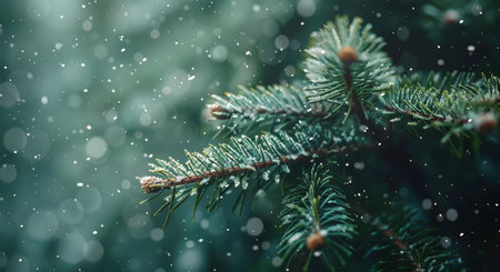 A close-up of a snow-covered evergreen branch during a winter snowfall. Peaceful and magical winter scene.の写真素材