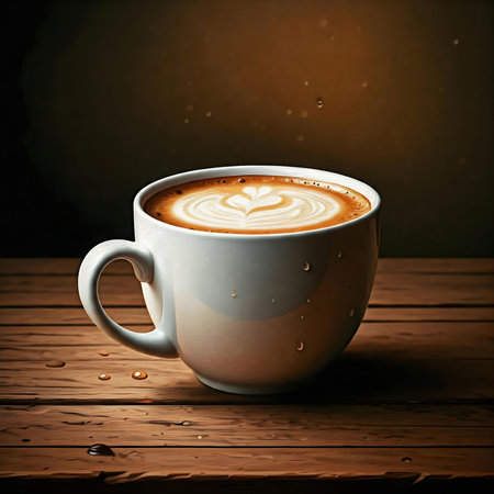A steaming cup of latte art adorns a rustic wooden table. Water droplets cling to the side, enhancing the image's inviting warmth and coziness.の写真素材