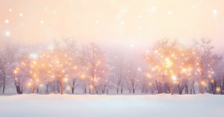 A magical winter scene with snow-covered trees illuminated by warm lights. Peaceful and dreams.の写真素材