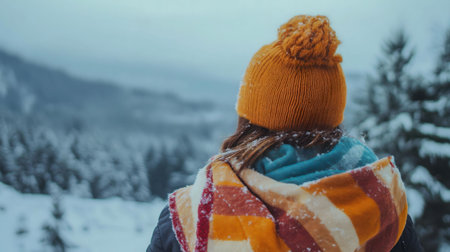 A woman bundled in warm clothing gazes upon a breathtaking snowy mountain range. Serenity and peace fill the winter landscape.の写真素材