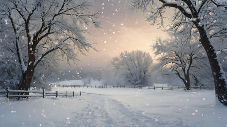 A breathtaking winter scene with snow falling on a picturesque landscape at sunrise. Trees are covered in snow, creating a magical atmosphere.の写真素材