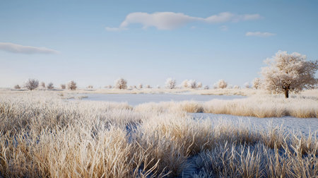 A serene winter landscape featuring a frozen lake surrounded by a frost-covered field and snow-laden trees under a clear sky.の写真素材
