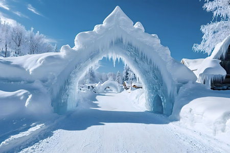 A magical winter scene with an icy archway leading through a snowy village. The beauty of a frosty...