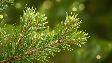 A vibrant close-up captures the intricate details of a pine branch, its needles glistening with...
