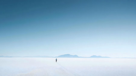 A lone figure walks across expansive salt flats under a clear blue sky. The image evokes a sense of solitude and vastness.の写真素材