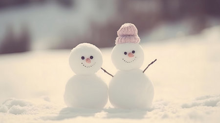 Two charming snowmen, one wearing a pink hat, stand in snowy landscape. A heartwarming winter scene.の写真素材