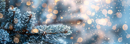 A close-up of a snow-covered fir branch, bokeh lights, and falling snow creating a magical winter scene.の写真素材