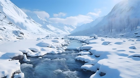 A breathtaking winter scene of a river flowing through a snowy mountain valley. The image evokes a sense of peace and tranquility.の写真素材