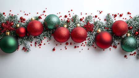 Festive Christmas border featuring red and green baubles, snow-covered pine, and red beads on a white background.の写真素材