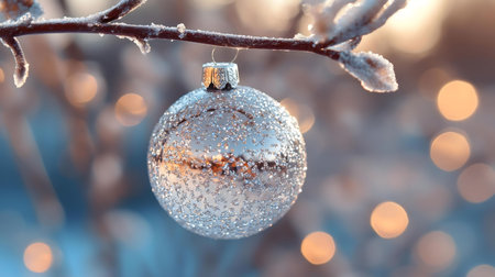 A glistening silver Christmas ornament hangs from a frost-covered branch, creating a magical winter scene.の写真素材