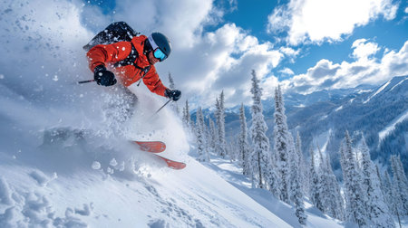 A skier enjoys a thrilling ride down a snowy mountain slope. The fresh powder and breathtaking scenery makes for an unforgettable winter adventure.の写真素材