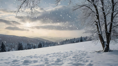 A serene winter landscape featuring snow-covered mountains, a lone tree, and a stunning sunset. Peaceful atmosphere.の写真素材