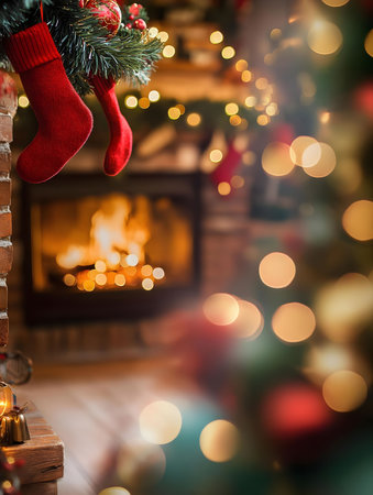 A heartwarming Christmas scene featuring red stockings hanging by a crackling fireplace, surrounded by warm lights and festive decorations.の写真素材