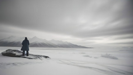 A solitary person stands on a rock in a snowy arctic landscape, mountains in the distance under a...