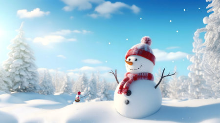 A cheerful snowman stands in a snowy winter wonderland. It's a joyful scene filled with Christmas spirit.の写真素材