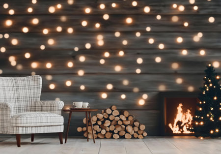 A cozy Christmas scene featuring a fireplace, an armchair, and festive lights.の写真素材