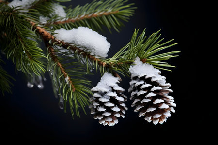 Close-up of snow-covered pine cones on a branch. Icy droplets hang from the branch. Winter wonderland theme.の写真素材