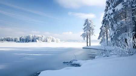 A breathtaking winter scene of a frozen lake surrounded by snow-covered trees. The atmosphere is serene and peaceful.の写真素材