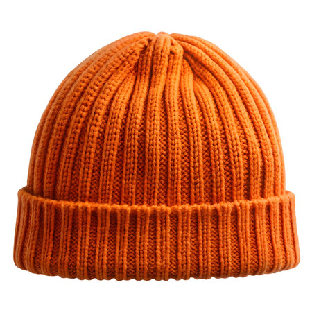 A close-up shot of a stylish orange knitted beanie hat. Perfect for winter.の写真素材