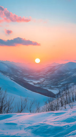 A breathtaking winter sunset over a snowy mountain valley. The sun dips below the horizon, casting a warm glow on the landscape.の写真素材