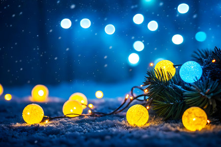 Glowing Christmas lights on a snowy night. A magical winter scene.の写真素材