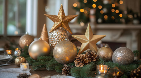 Golden Christmas ornaments and decorations on a table. Festive and elegant holiday atmosphere.の写真素材