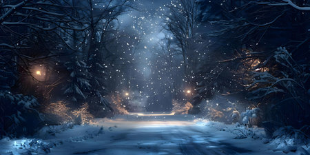 A snowy path winds through a magical winter forest at night, illuminated by soft lights.の写真素材