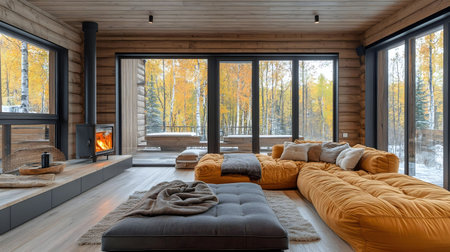 A modern cabin living room with a large sofa facing a stunning autumn forest view through large windows, a cozy fireplace adding warmth.の写真素材