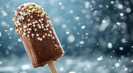 A close-up shot of a chocolate ice cream bar covered in colorful sprinkles, set against a snowy winter background.の写真素材