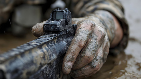 A gritty close-up showcasing a soldier's mud-caked hands gripping a camouflaged rifle during intense combat. The image emphasizes the harsh reality of war.の写真素材