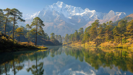 Stunning reflection of snow-capped mountains in a tranquil lake. Picturesque Himalayan vistaの写真素材