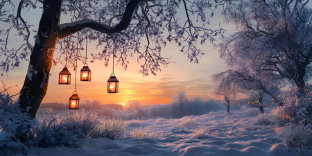 A captivating winter scene featuring lanterns illuminating a snowy landscape at sunset. Magical and serene.の写真素材