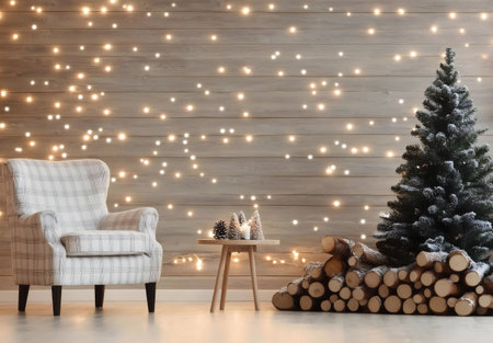 A cozy Christmas room setting with an armchair, a decorated Christmas tree, and fairy lights against a wooden wall.の写真素材