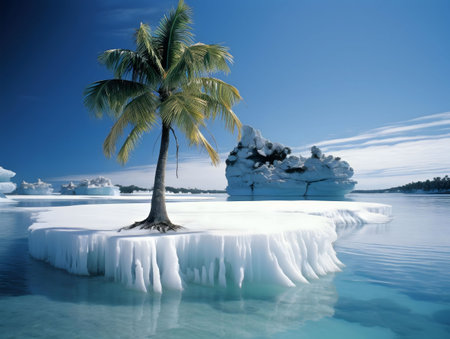 Stunning image of a palm tree on a frozen island, showing a unique contrast between tropical and arctic elements.の写真素材