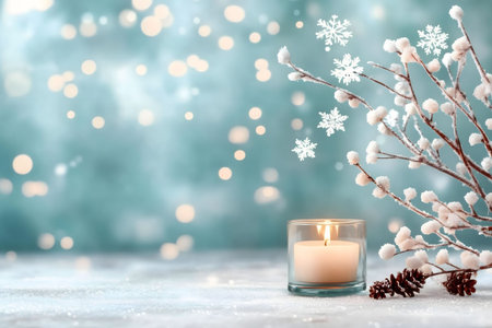 A lit candle sits on a snowy surface with snow-covered branches and a bokeh background. Perfect for winter holidays.の写真素材