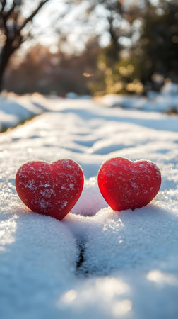 Two red hearts nestled in the snow, a romantic winter scene.