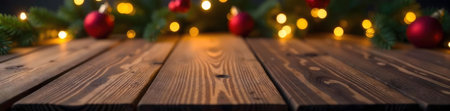 A rustic wooden table with Christmas ornaments and warm lights. Perfect background for the holiday season.の写真素材