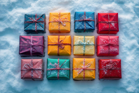 Twelve vibrant gifts wrapped sit in the snow, ready for the holidays.の写真素材