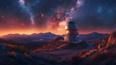 An observatory nestled in a mountain range under a breathtaking night sky, the Milky Way galaxy shining brightly above.の写真素材
