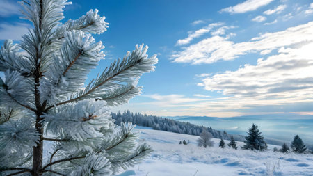 A frosty pine tree stands in the foreground of a stunning winter mountain landscape. The scene is serene and peaceful.の写真素材