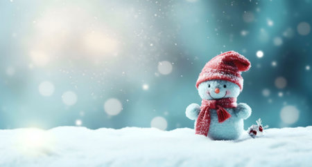 A cute snowman in a red hat and scarf sits in a snowy winter scene. Perfect for holiday cards!の写真素材