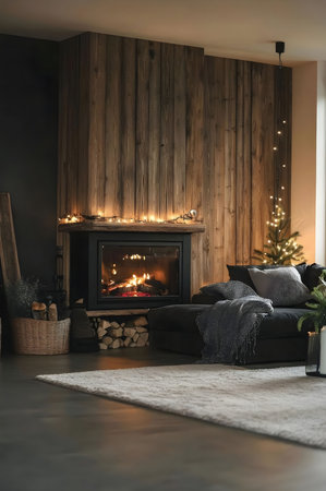 A cozy cabin living room with a warm fireplace and Christmas decor, perfect for a winter evening.の写真素材