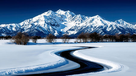 A picturesque winter scene showcasing a winding road leading towards majestic snow-capped mountains....