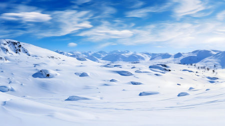 Stunning winter scene showcasing a vast expansion of snow-covered mountains under a vibrant blue sky. The tranquil atmosphere evokes a sense of serenity and wonder.の写真素材