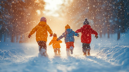 Four children run through a snowy forest bathed in golden sunlight. Joyful winter scene.の写真素材