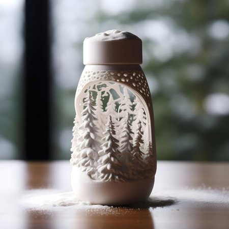 A 3D-printed ceramic jar depicting a snowy forest scene. White, detailed, and serene.