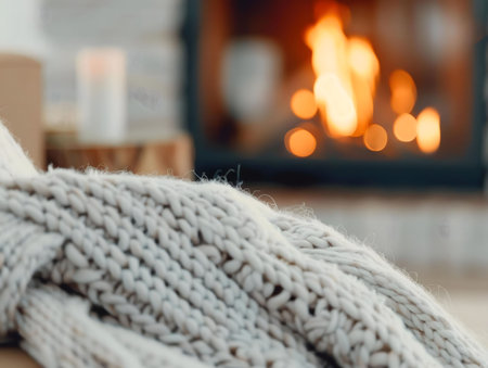 Close-up of a cozy knit blanket near a fireplace. Warm and inviting winter scene.の写真素材