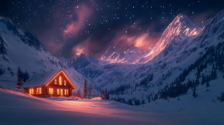 A cozy cabin glows warmly amidst a breathtaking snowy mountain range under a starlit sky. Winter wonderland.の写真素材