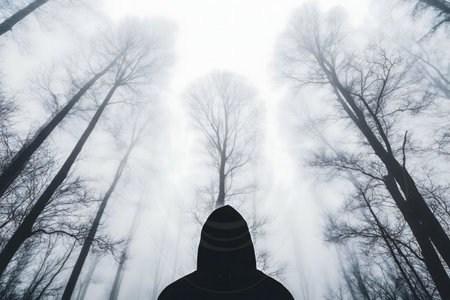 A hooded figure stands in a dense, foggy forest. The scene is mysterious and atmospheric, creating a sense of isolation and intrigue.の写真素材